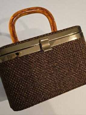 Vtg. Julius Resnick Brown Tweed Box Purse W/Lucite Handles